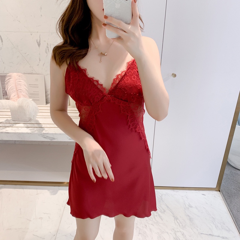 Đầm Ngủ Vải Lụa Lạnh Phối Ren Hở Lưng Quyến Rũ Thời Trang Mùa Hè Cho Nữ