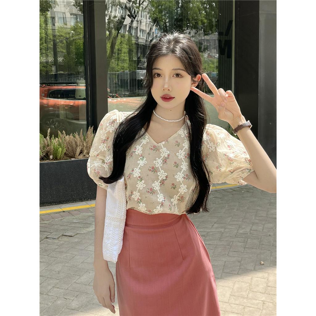 Set Áo Sơ Mi Tay Ngắn Phồng Cổ Chữ V In Hoa + Chân Váy Dài Lưng Cao Thời Trang Hàn Quốc Cho Nữ