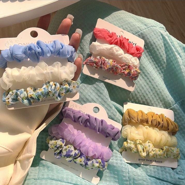 Bộ 3 Dây Cột Tóc Lưới Họa Tiết Hoa Phong Cách Hàn Quốc Cổ Điển Thời Trang Cho Nữ