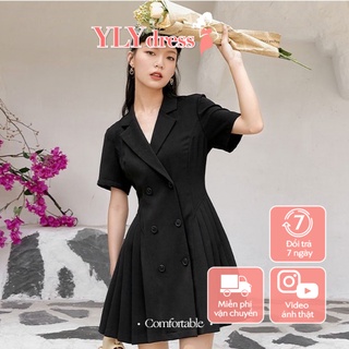 Váy cổ vest đen công sở thanh lịch phối cúc dọc vạt xếp ly - Váy đầm nữ thiết kế dáng suông cổ vest tay lỡ C230