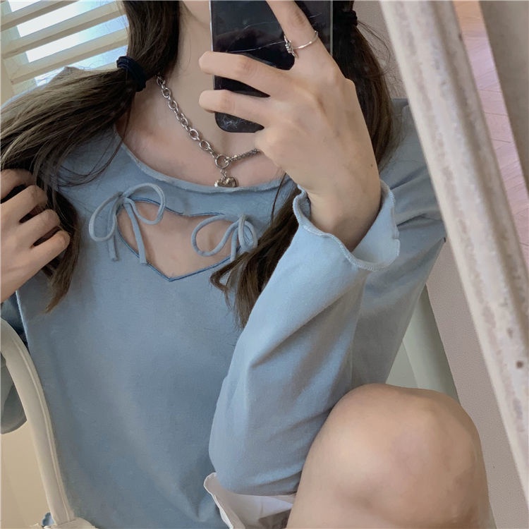 Áo Thun Nữ Dài Tay Cổ Tròn In Hình Trái Tim Thời Trang Hàn