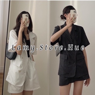 Set áo vest kẻ đen/trắng kèm quần short đùi - Hình thật shop chụp kéo