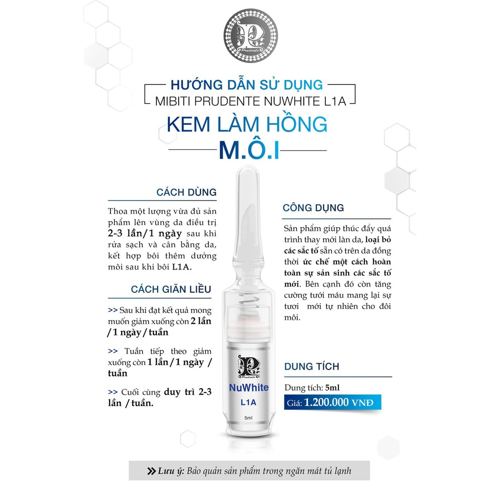 KEM GIẢM THÂM LÀM HỒNG MÔI - MIBITI PRUDENTE NUWHITE L1A ( 5ml).