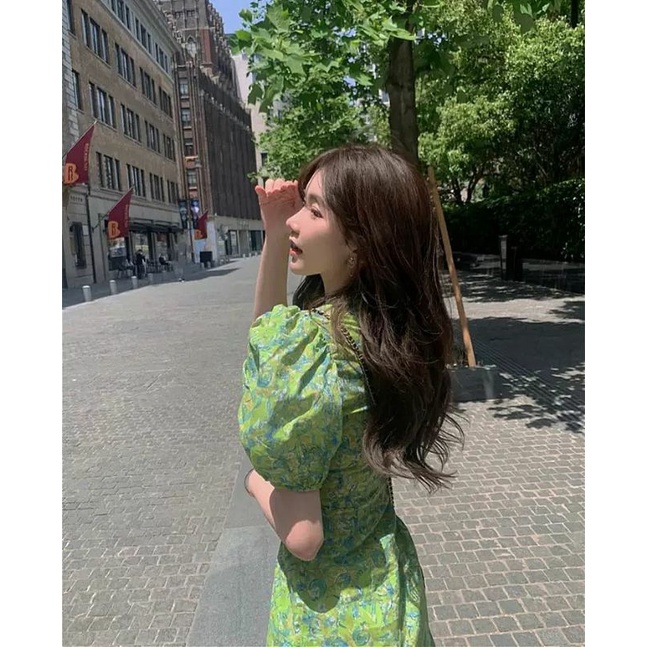 ĐẦM NỮ HOA NHÍ TAY PHỒNG MÀU XANH LÁ / VÁY TAY PHỒNG DÁNG ÔM BODY CÓ CÚC MÀU XANH LÁ HOA NHÍ