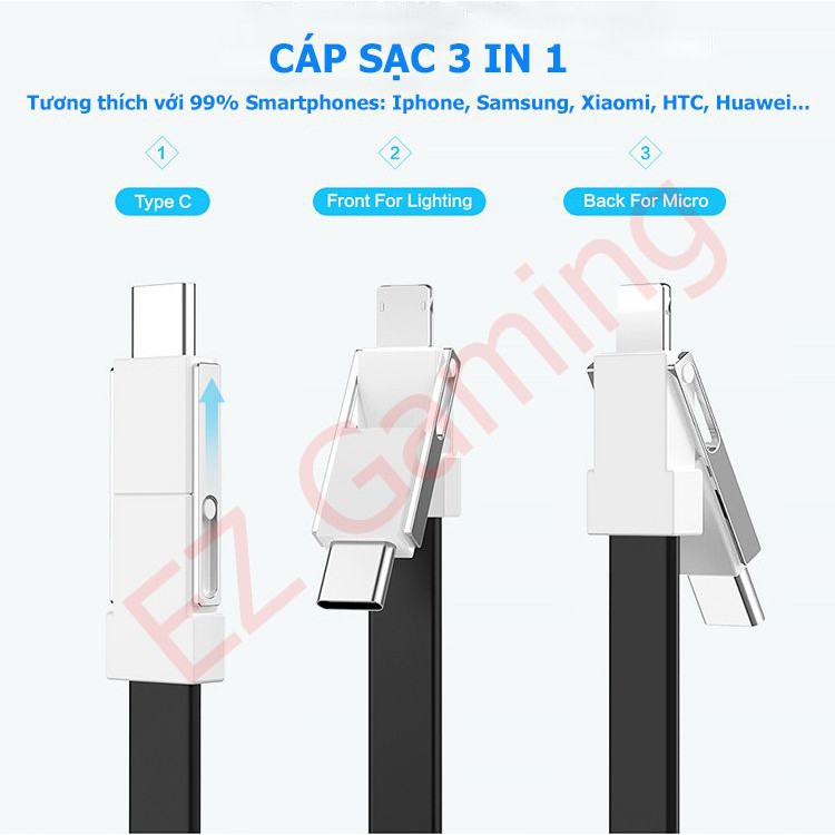 [Free ship] Cáp Sạc ngắn 3 in 1 – Tích hợp 3 loại đầu, Móc chìa khóa tự hít thông minh.