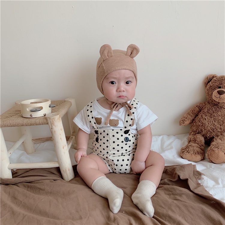 Bộ Áo Tay Ngắn In Hình Gấu + Quần Short Yếm Dễ Thương Thời Trang Mùa Hè Cho Bé Trai + Gái