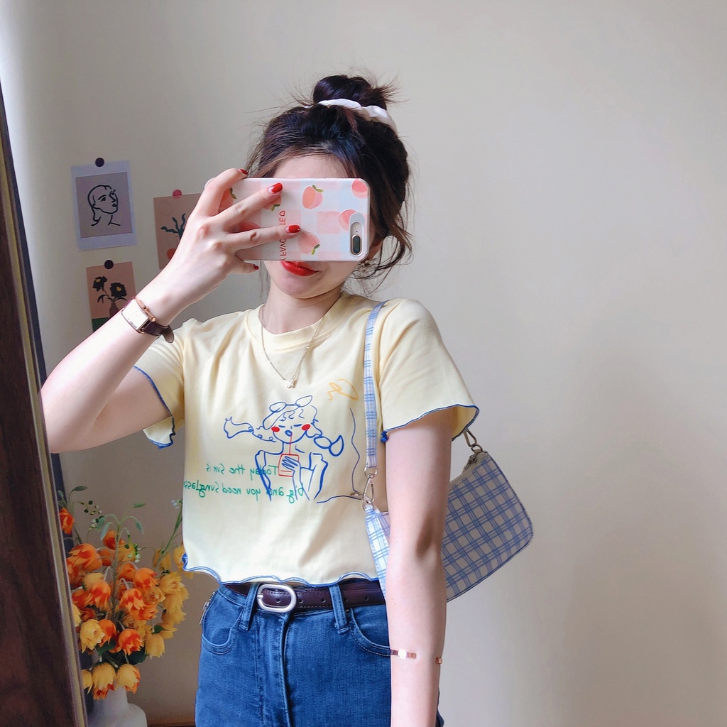 Áo thun lửng tay ngắn hoạ tiết xinh xắn thời trang mùa hè cho nữ