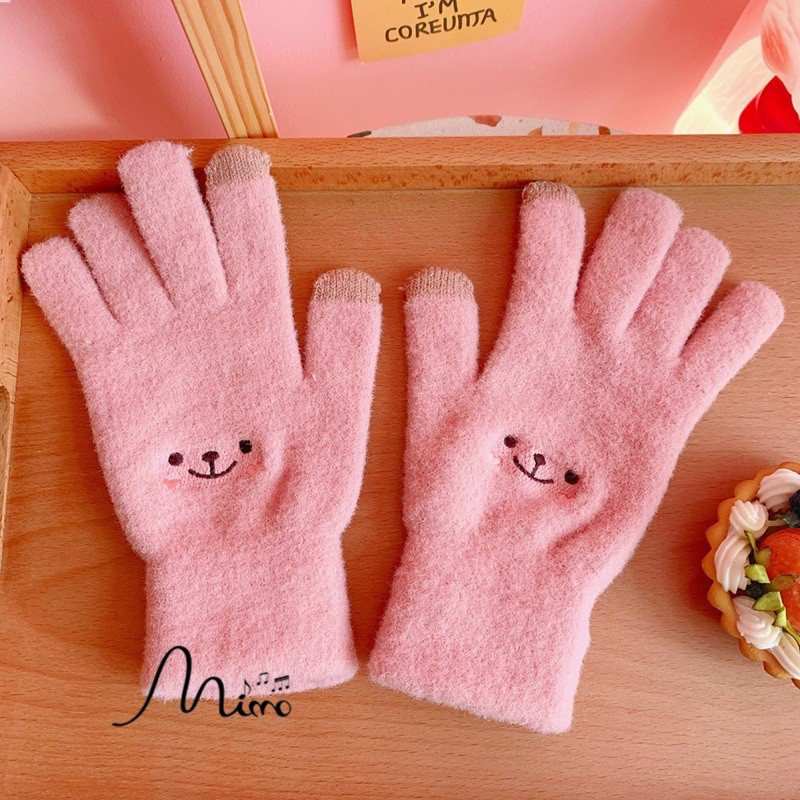 [ Dùng ĐT được] Găng tay len mịn bao tay giữ ấm mùa đông phối mặt thỏ style Hàn quốc dễ thương sẵn hàng 3 màu