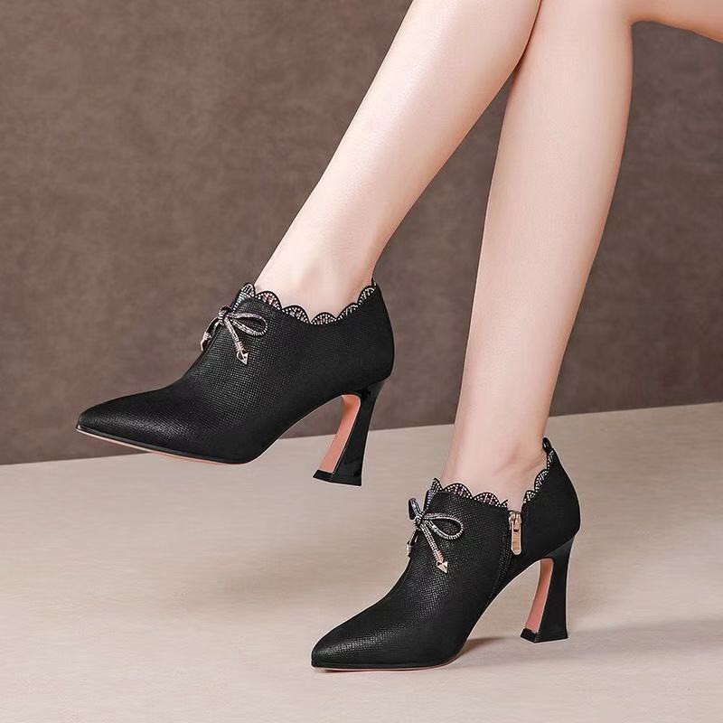 ∋2021 autumn and winter new leather deep-mouthed high-heeled shoes, women s fashion bowknot rhinestone all-match thick-heeled shoes