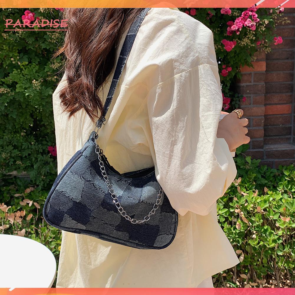 Túi xách denim phối màu tương phản dây quai xích thời trang cho nữ