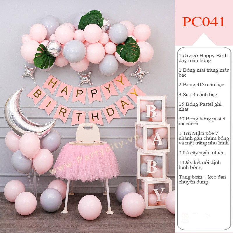 Set trang trí sinh nhật, thôi nôi bé gái đẹp kèm phụ kiện trang trí tại nhà Partycityvn PC040