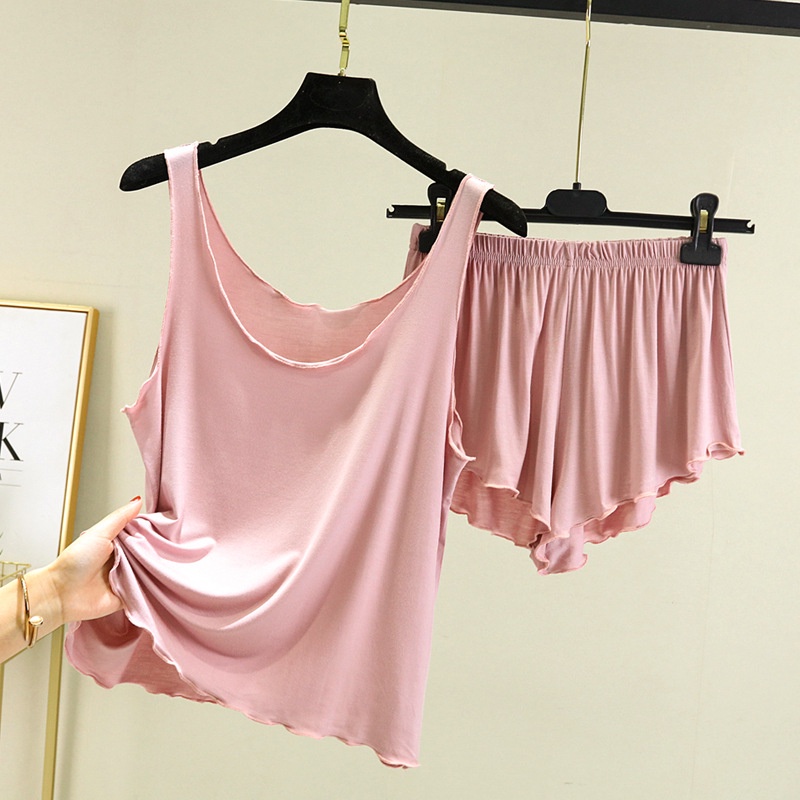 Set Đồ Ngủ Gồm Áo Thun Không Tay Cổ Tròn Và Quần Ngắn Màu Trơn Bằng Cotton Dành Cho Nữ