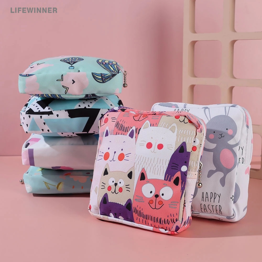 Túi Đựng Mỹ Phẩm/Đồ Trang Điểm Cầm Tay Bằng Cotton Có Khóa Kéo Họa Tiết Hoạt Hình Cho Nữ