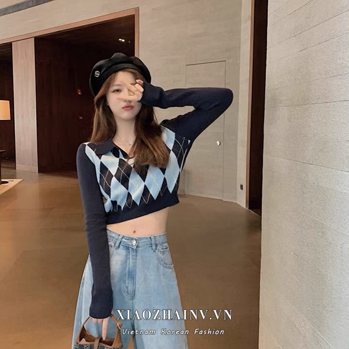 Xiaozhainv Áo Croptop Tay Dài Cổ Chữ V Kẻ Sọc Caro 3 Màu Thời Trang Hàn Quốc Cho Nữ