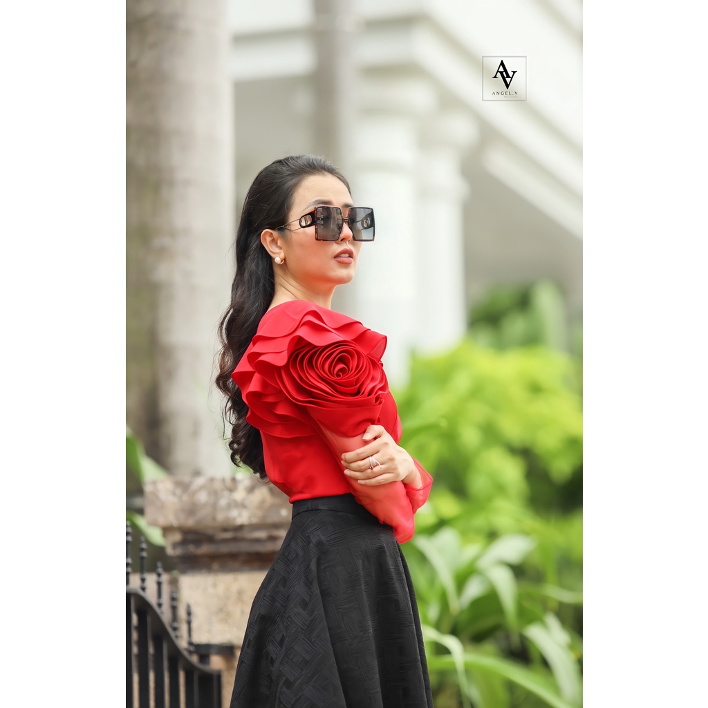 Áo lệch vai tay hoa phối lưới thanh lịch - ANGEL V