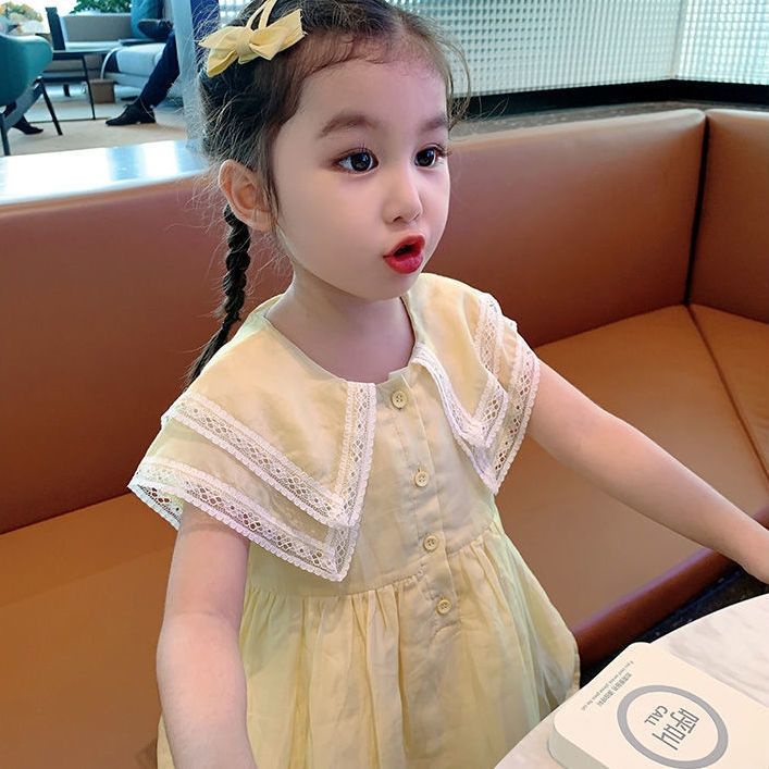 Đầm Công Chúa Không Tay Cổ Hải Quân Màu Trắng Vàng Kiểu Phương Tây Thời Trang Mùa Hè Cho Bé Gái 0328