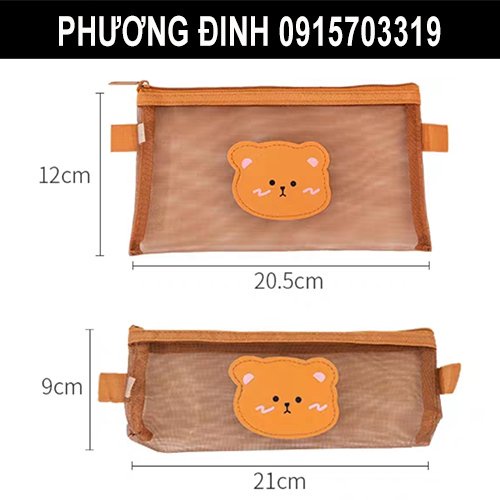Hộp bút lưới, túi đựng bút trong suốt, bóp viết Gấu nâu dễ thương