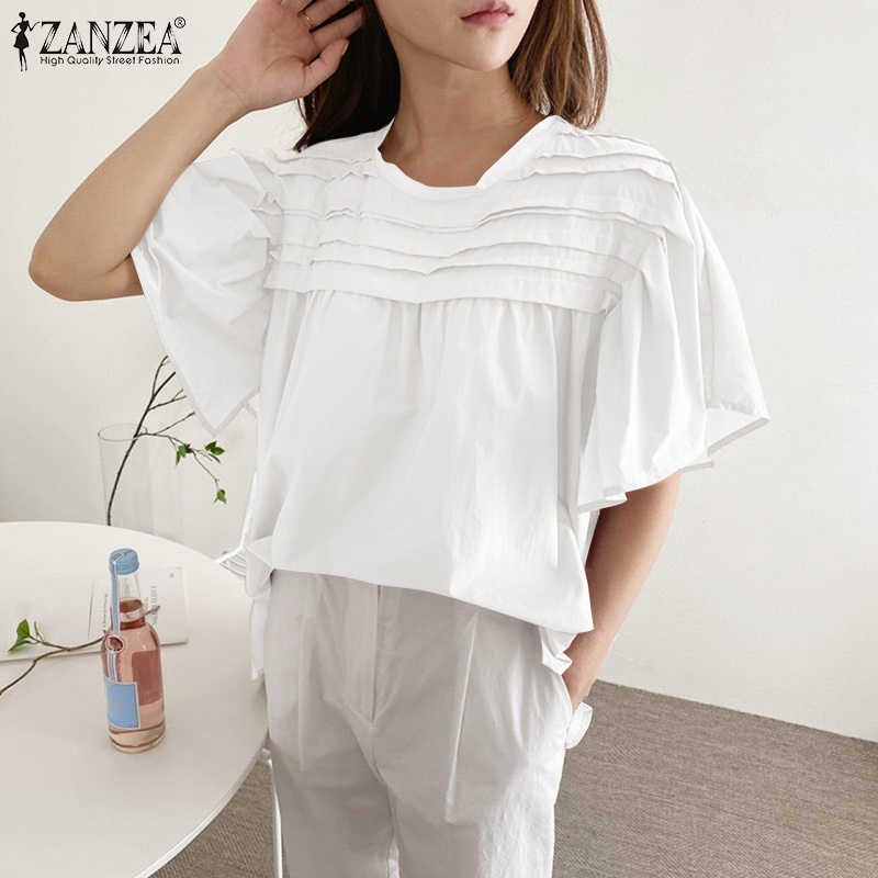 Áo kiểu ZANZEA tay loe ngắn cổ tròn xếp ly thời trang dành cho nữ