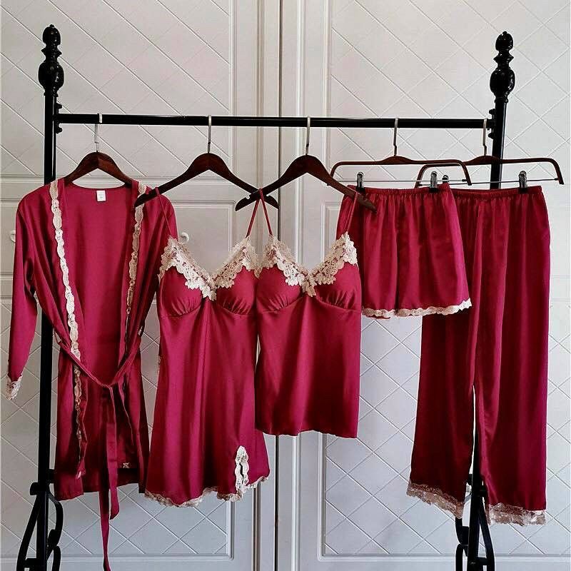 Set đồ ngủ lụa 5 món, bộ ngủ và váy ngủ kèm áo choàng siêu sang cho Nữ(Chất vải lụa mát cao cấp chuẩn hàng Shop bán)