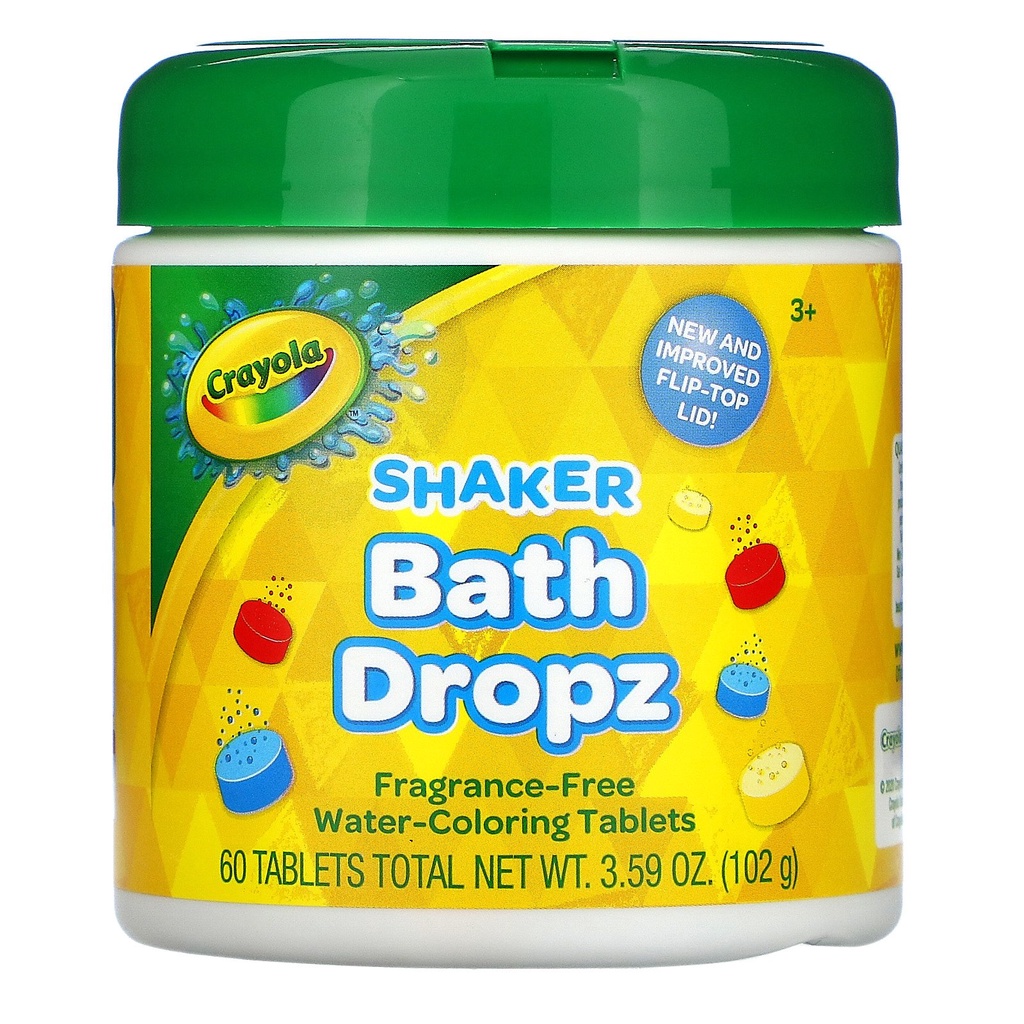 Hộp 60 viên tạo màu nước tắm Crayola Shaker Bath Dropz Fragrance-free water coloring tablets (Mỹ)