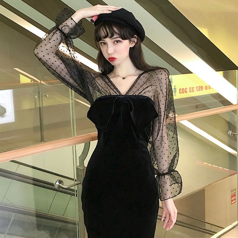 [Hàng order] Váy nhung body tay phối ren - T1161 | WebRaoVat - webraovat.net.vn