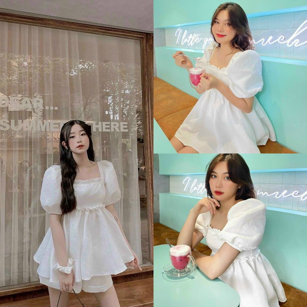 Set áo babydoll tay phồng thắt nơ lưng kèm shorts gấm hoa trắng 🍒 KÈM ẢNH THẬT 🍒 BAO KIỂM HÀNG 🍒