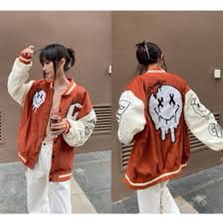 Áo bomber varsity jacket Unisex Form rộng nam nữ nhung tăm 2 lớp Hình thêu Màu cam. Áo khoác bomber Gonz cam