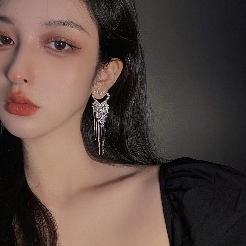 Bông Tai Mạ Bạc 925 Dáng Dài Phối Tua Rua Đính Đá Kim Cương Phong Cách Hàn Quốc