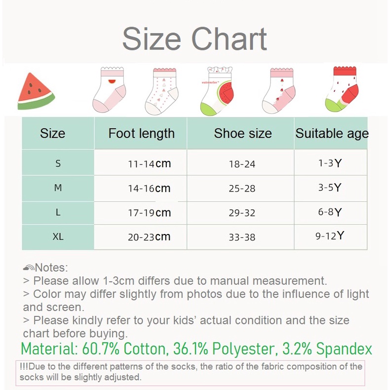 Set 5 Đôi Vớ Cotton Siêu Mỏng In Họa Tiết Trái Cây/Dưa Hấu Hoạt Hình Mùa Hè Cho Bé Gái Từ 1-12 Tuổi