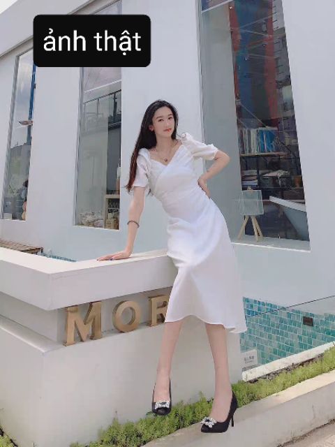 [ORDER] Đầm chic voan cát cổ V dự tiệc sang trọng hai màu trắng hồng ulzzang