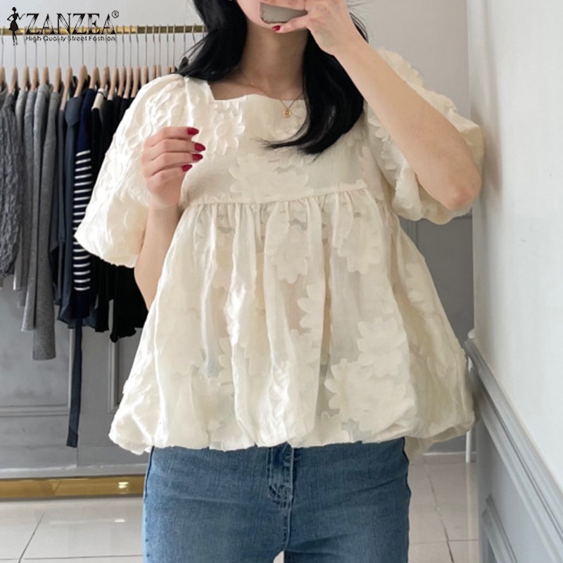 Áo ZANZEA tay phồng cổ vuông phong cách Hàn Quốc dành cho nữ
