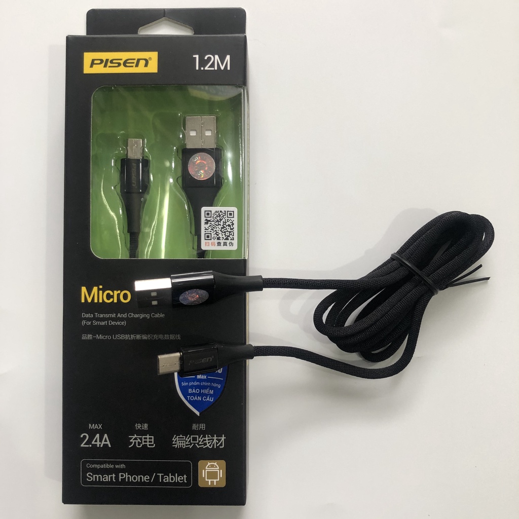 Cáp sạc điện thoại Pisen MU18-1200 Micro USB 2.4A braided 1200m(Anti-break)