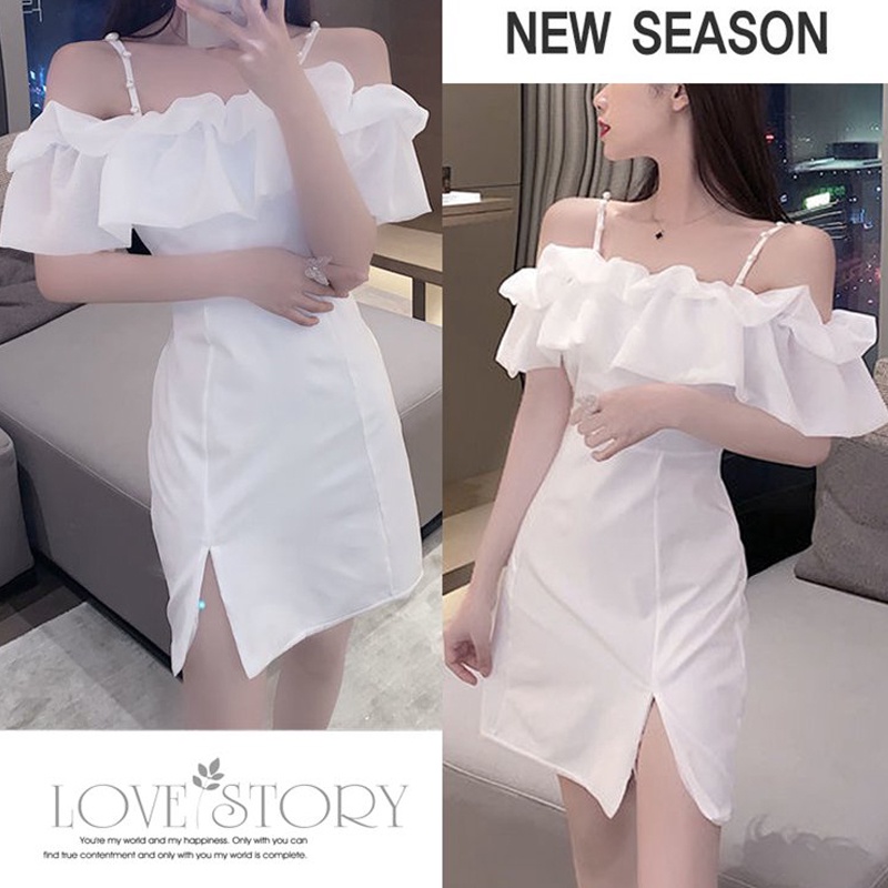 Đầm Ngắn Trễ Vai Phối Bèo Đính Ngọc Trai Phong Cách Hàn Quốc Thời Trang Mùa Hè Cho Nữ (2 Màu)