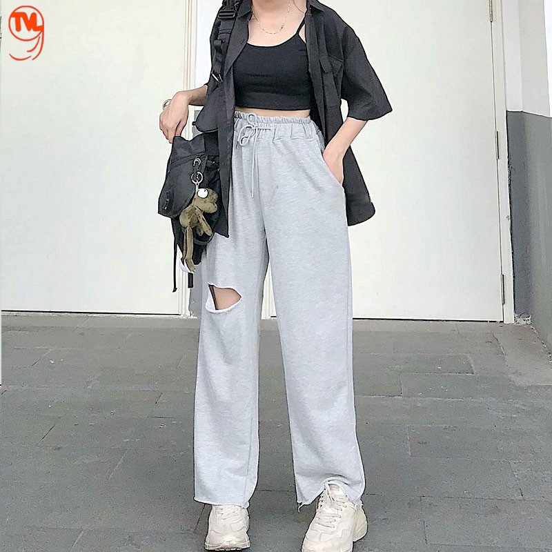 Quần ống rộng nữ TVL1999, quần rách gấu kiểu dáng jogger chất liệu nỉ da cá cao cấp mềm mại phong cách Hàn Quốc cá tính.