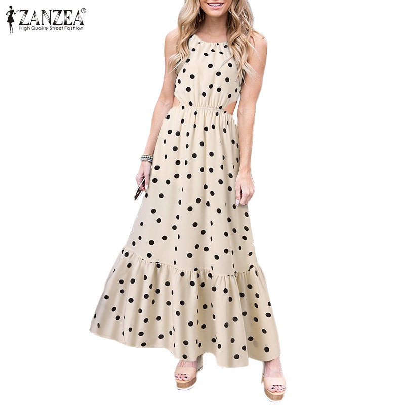 Đầm chữ A ZANZEA họa tiết chấm bi cổ tròn thời trang Châu Âu cho nữ