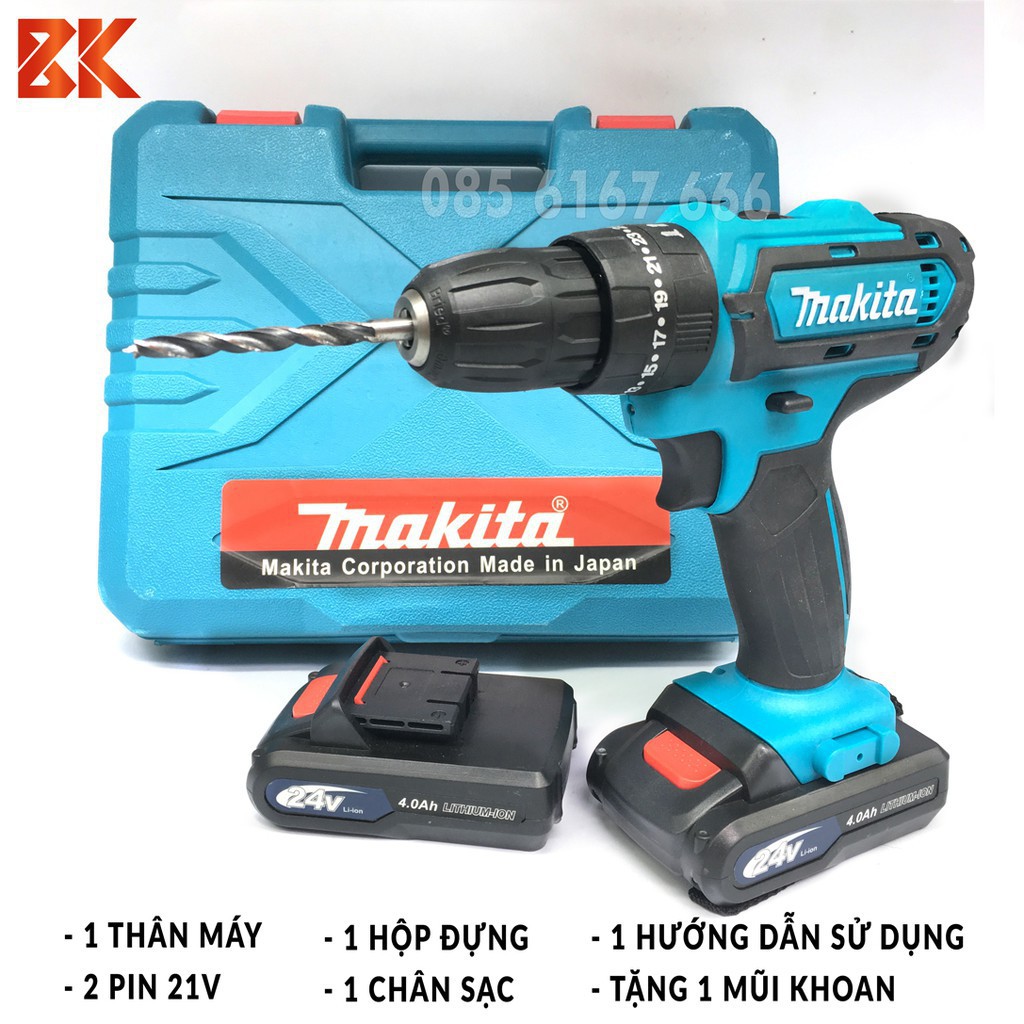 [ LOẠI TỐT ] MÁY KHOAN PIN MAKITA 24V PIN CHUẨN 5 CELL - CÓ BÚA KHOAN TƯỜNG-TẶNG KÈM BỘ PHỤ KIỆN 24 MÓN