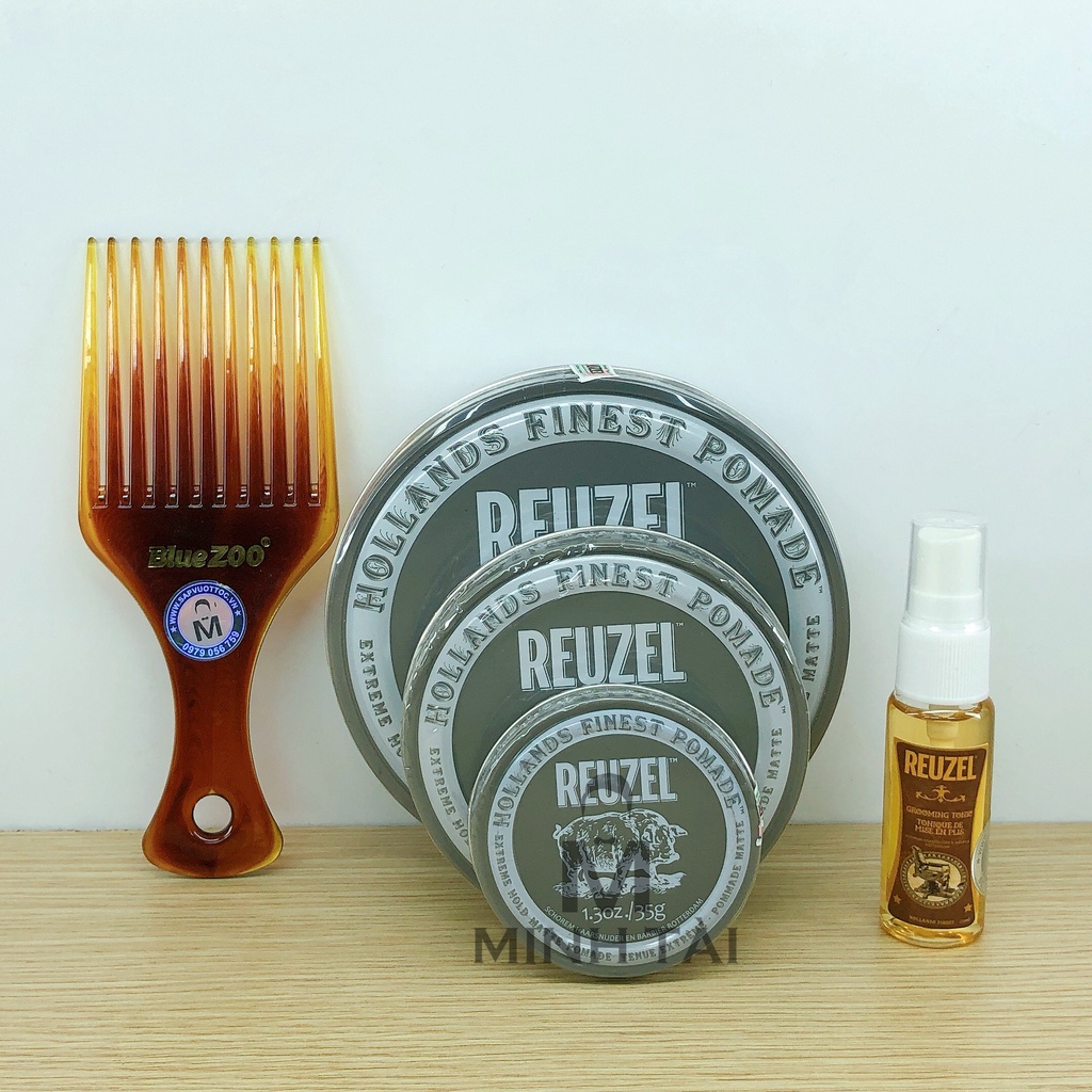 [ Full Size ] Sáp Vuốt Tóc Nam REUZEL Extreme Hold Matte Pomade + Xịt Dưỡng Tóc Reuzel Tonic 20ml + Lược Chải Tóc Pomade