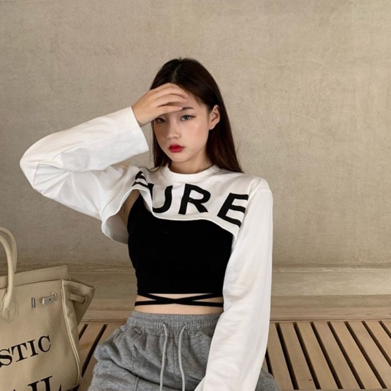 Sét 2 món Gồm áo 2 dây quấn bụng &amp; áo thun tay dài phối ngoài