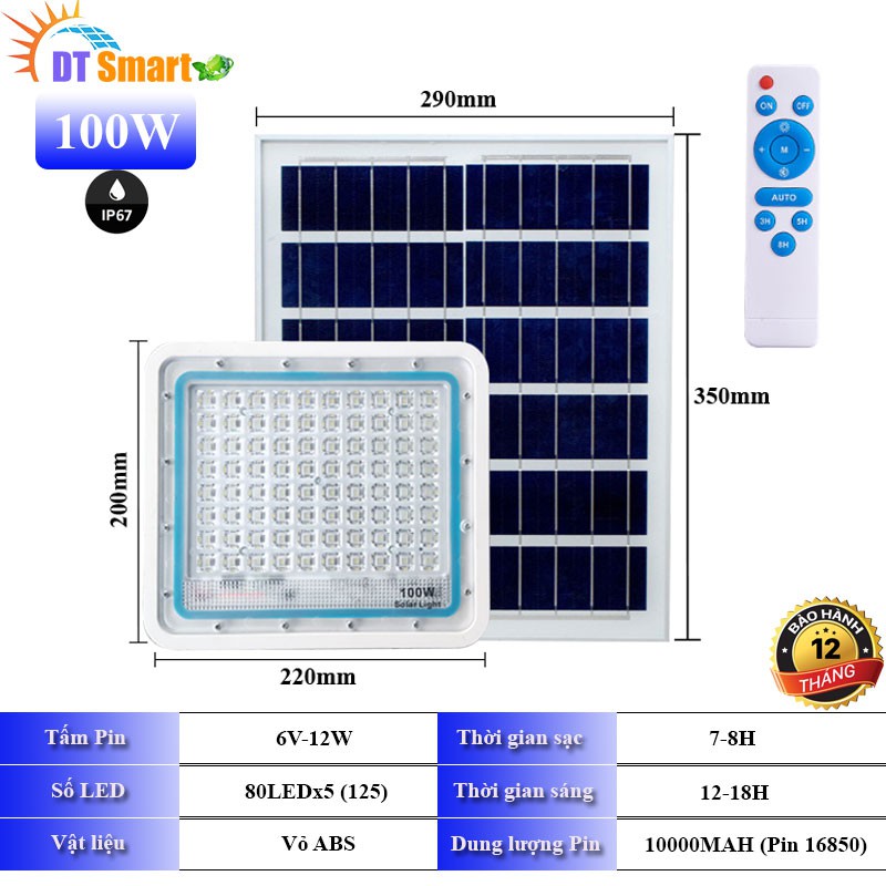Đèn năng lượng mặt trời 100w DTSmart, đèn pha năng lượng led mặt trời có báo sạc dung lượng cao