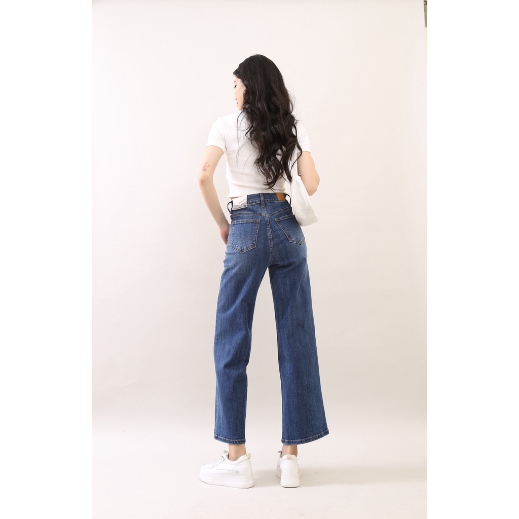 Quần Jean Nữ Ống Rộng cạp cao co giãn cơ bản Trơn Gấu Thường CT JEANS