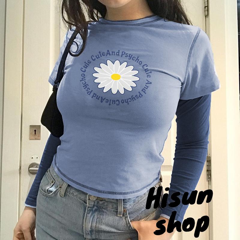 ☀Sun❤Women Casual Long Sleeve T-shirt, Blue Round Collar Letters and Floral Printed Pattern Tops