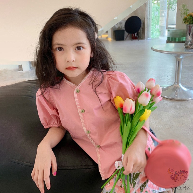 Bộ Áo Tay Phồng + Quần Short In Hoa Thời Trang Mùa Hè Hàn Quốc Cho Bé Gái