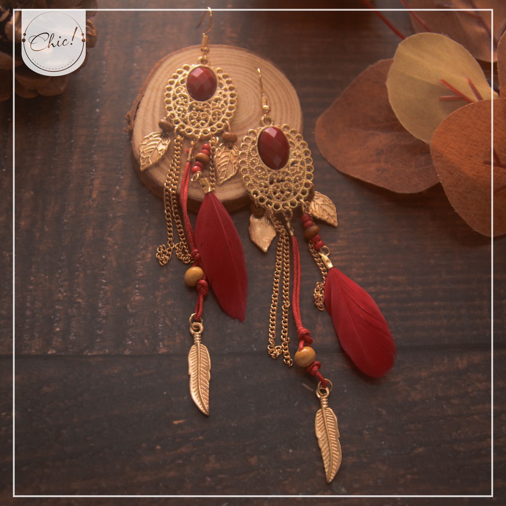 Hoa Tai Boho Lông Vũ Lá