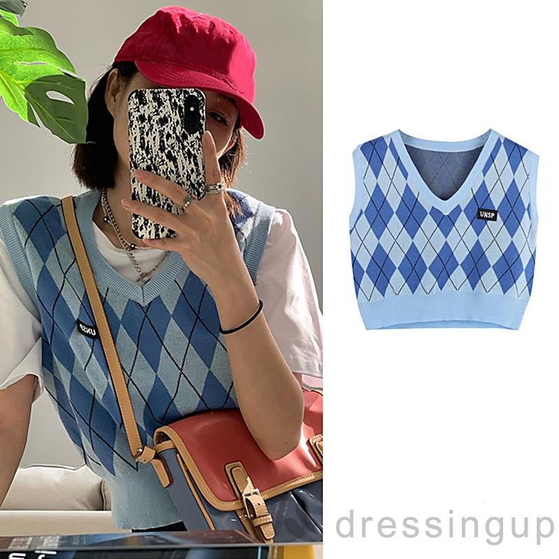 Áo dệt kim sát nách cổ chữ V thoáng khí in họa tiết hình thoi cổ điển cho nữ