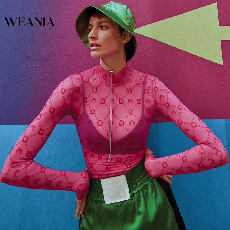 Áo Thun Lưới Tay Dài Xuyên Thấu In Họa Tiết Thời Trang Mùa Thu Mới Cho Nữ