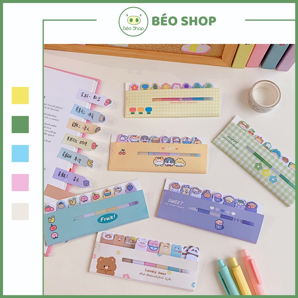 Set giấy nhớ ghi chú sticky note đánh dấu tab phân trang Béo Shop sổ tay từ điển nhiều màu họa tiết hoạt hình dễ thương