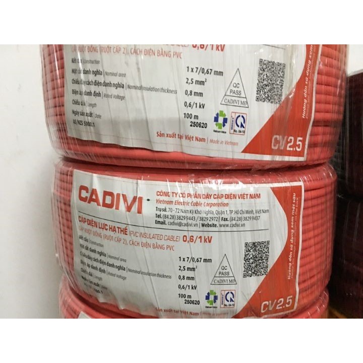 Dây điện Cadivi 2.5 đơn 7 sợi Cv2.5 Cuộn 100m