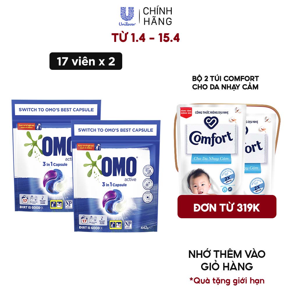 Combo 2 Túi Viên Giặt Tiện Lợi OMO Công Nghệ Anh Quốc - Bền Màu (17 Viên/Túi)