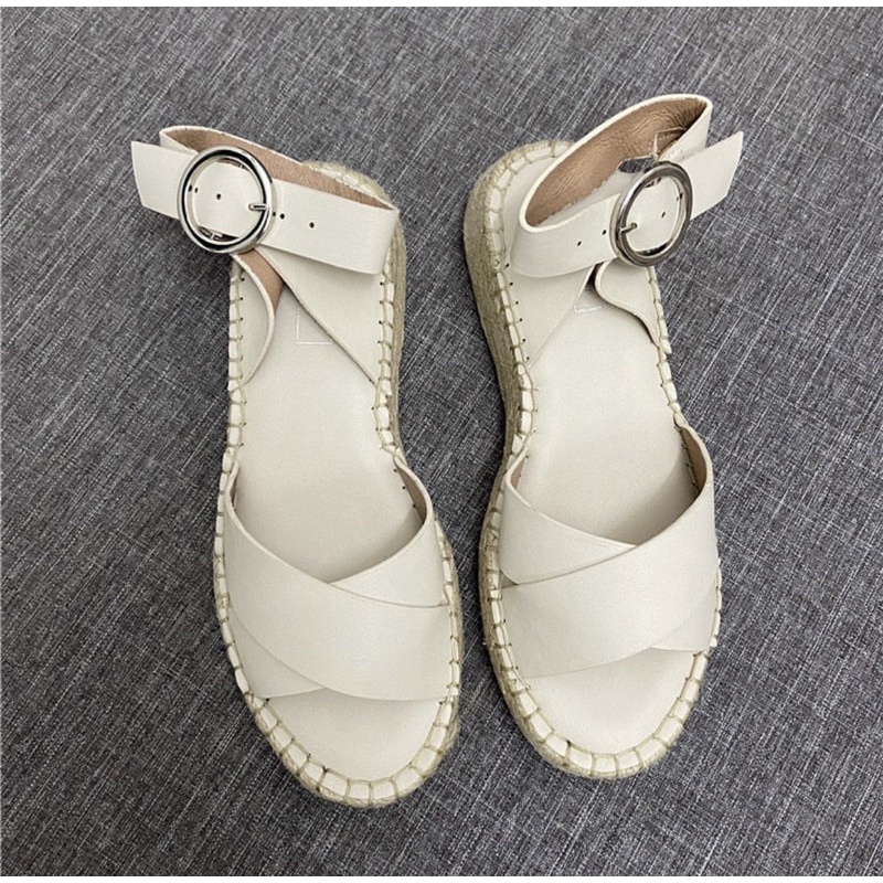 Topshop Sandal đế cói quai chéo cao 3.5cm màu kem chất da PU có SIZE 42