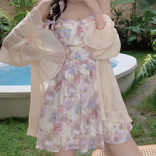 Đầm Chiffon Tay Ngắn Cổ Chữ V In Họa Tiết Hoa Phong Cách Hàn Quốc Thời Trang Mùa Hè Cho Nữ
